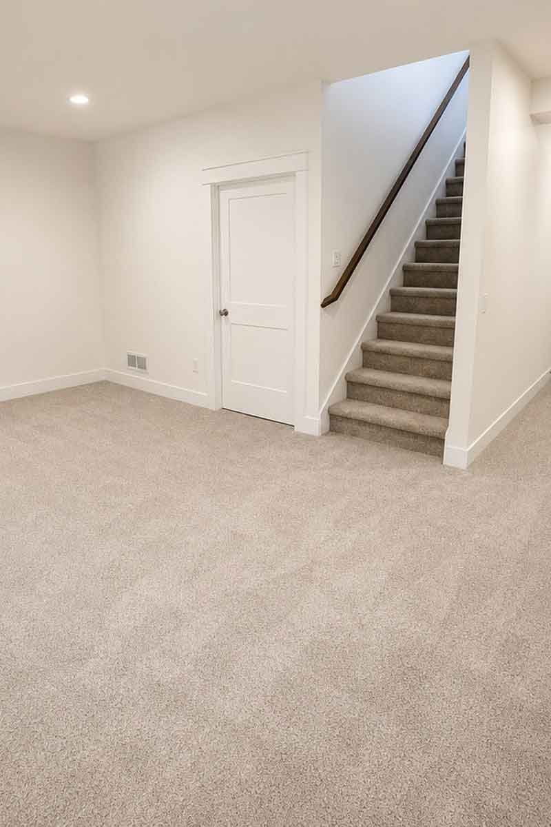 Oak & Origin finished basement, Wisconsin Finished basement interior with neutral carpeting, white door, and carpeted stairs.