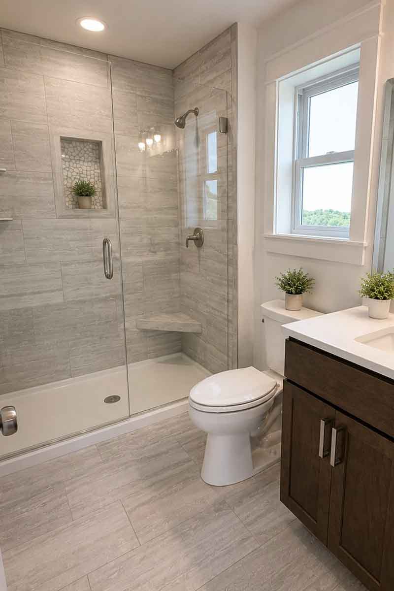 Oak & Origin custom bathroom, Wisconsin Modern bathroom featuring a tiled walk-in glass shower and dark wood vanity.