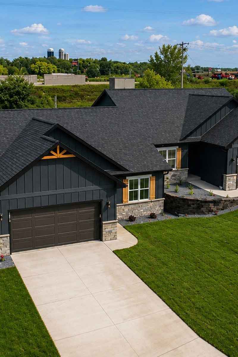 Oak & Origin new home build, Wisconsin Exterior of a modern custom home with dark siding and concrete driveway.