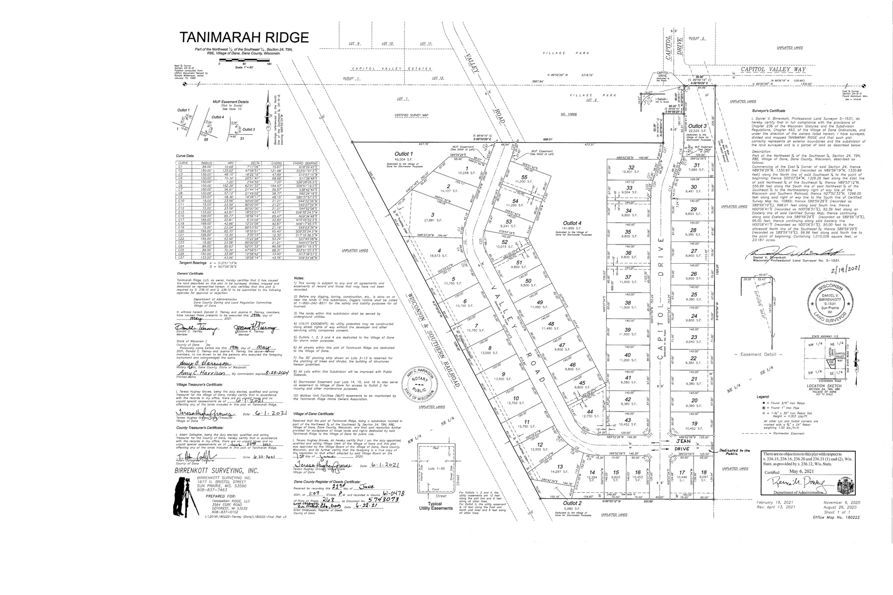 Subdivision plat map of Tanimarah Ridge in Dane County, Wisconsin, showing numbered residential lots along Valley Road and Capitol Drive, with surveyor certificates and legal notes.